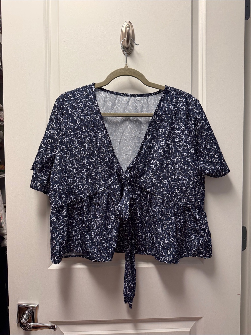 Navy Floral Tie-Front Blouse with V-Neck